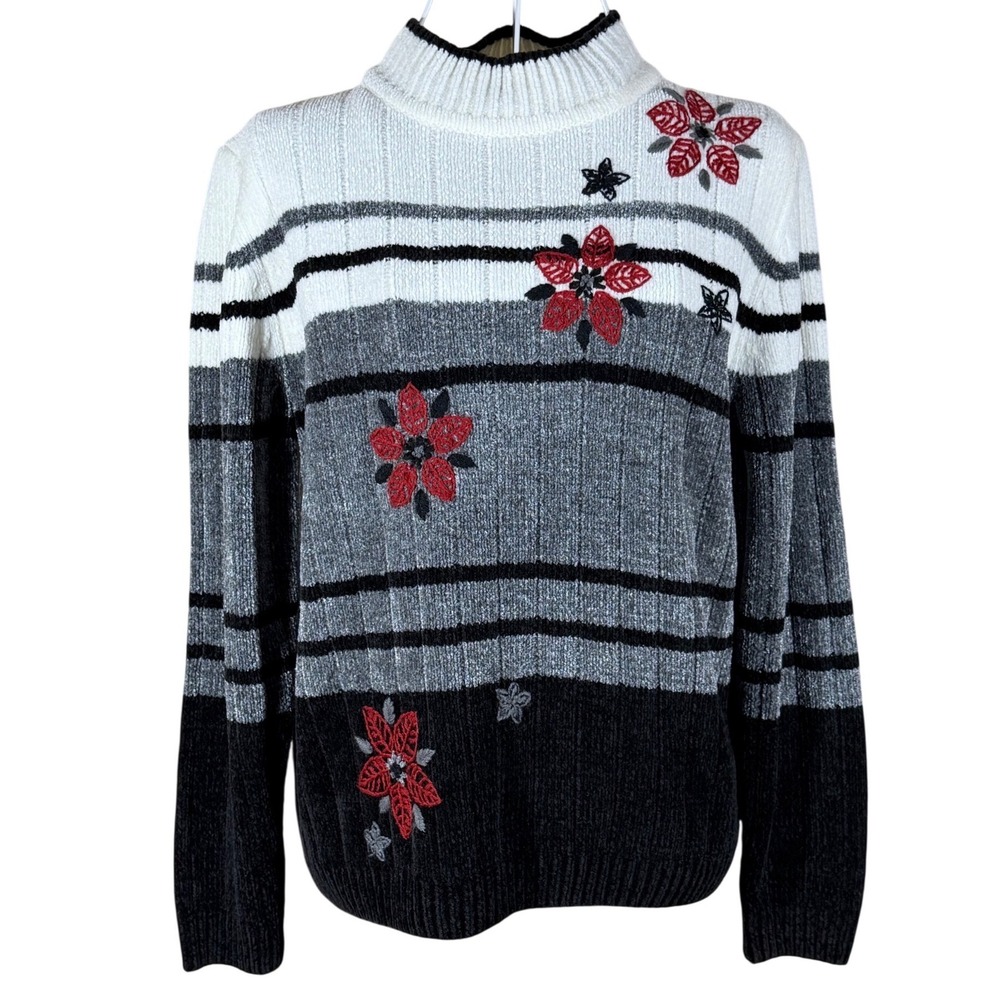 Alfred Dunner Petite Floral Embroidered Chenille Sweater Mock Neck Striped PM